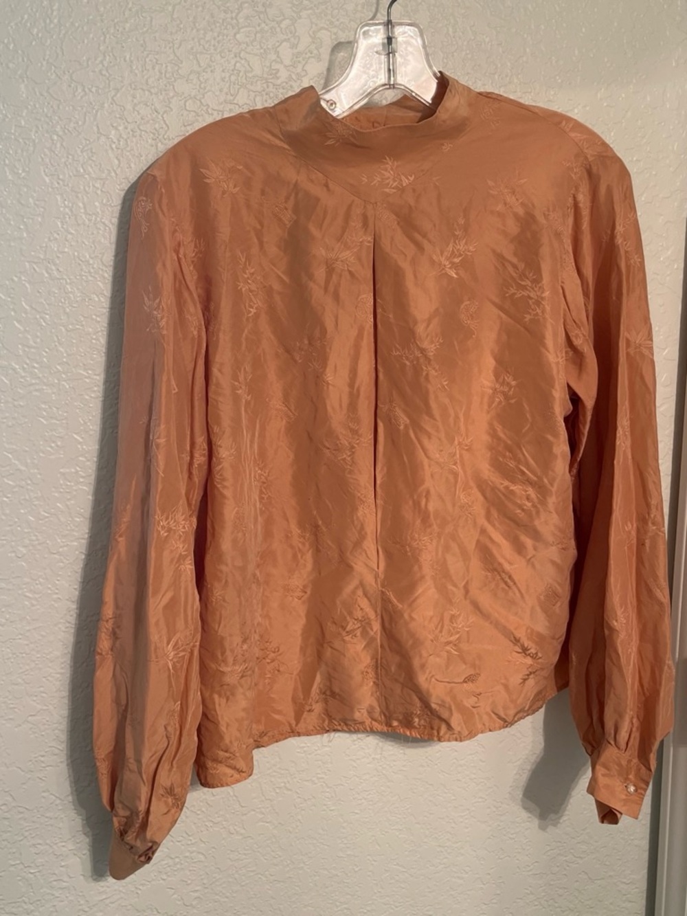 Silk Vintage Peach Long-Sleeve Mock Neck Blouse